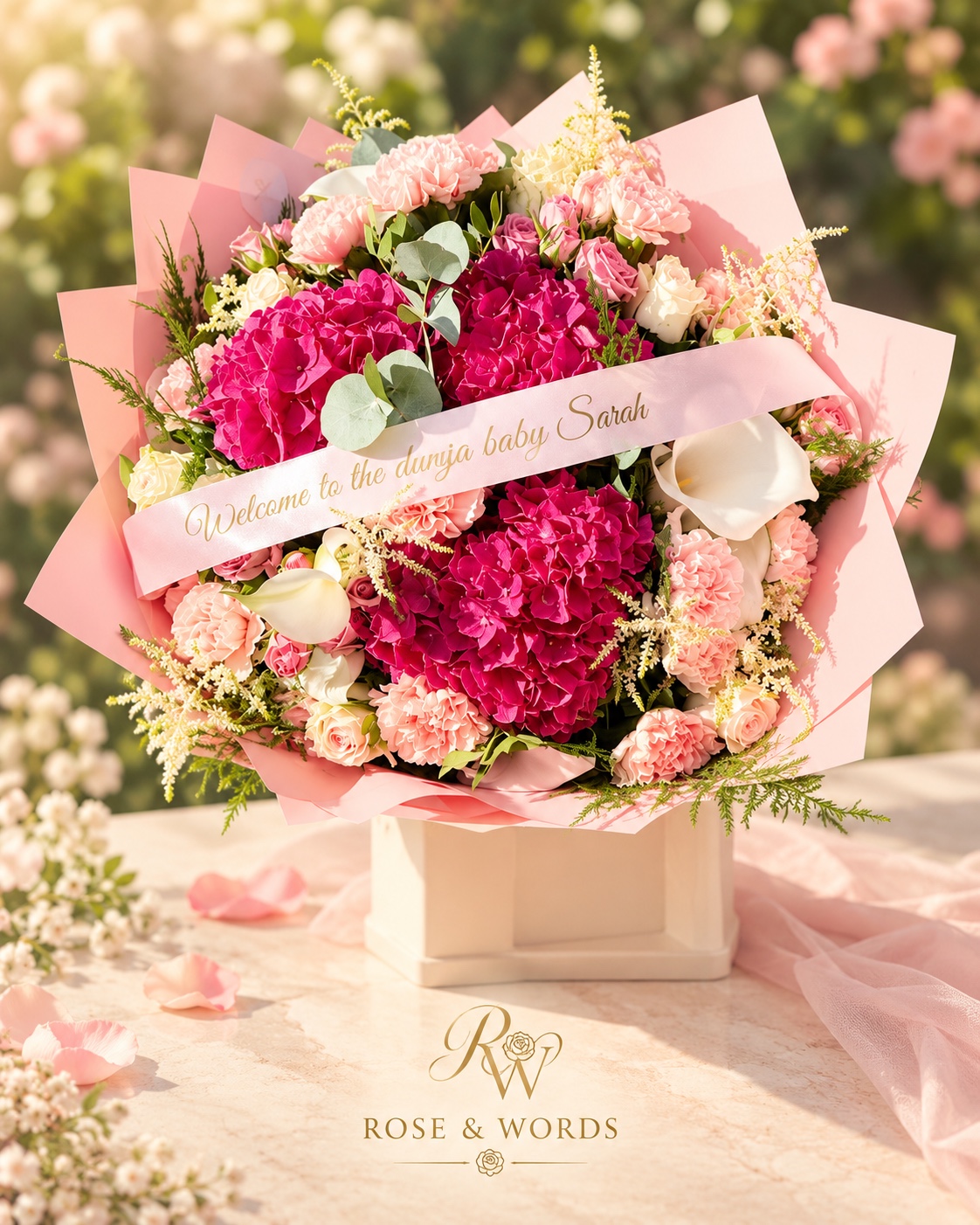 Luxe roze Rose & Words geboorte-boeket met persoonlijk lint voor baby Sarah