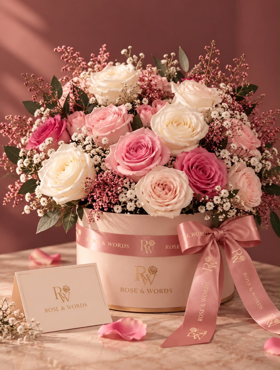 Romantisch Sweet Rose arrangement met blush, roze en ivoorkleurige rozen